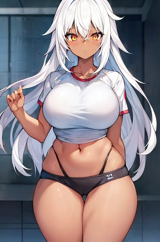 1girl, anime style, 2d, anime screencap, dark skin, dark-dkinned female, white hair, long hair, large breasts, wide hips, thick thighs, shirt, sportswear, shy, sports bra, screencap, masterpiece