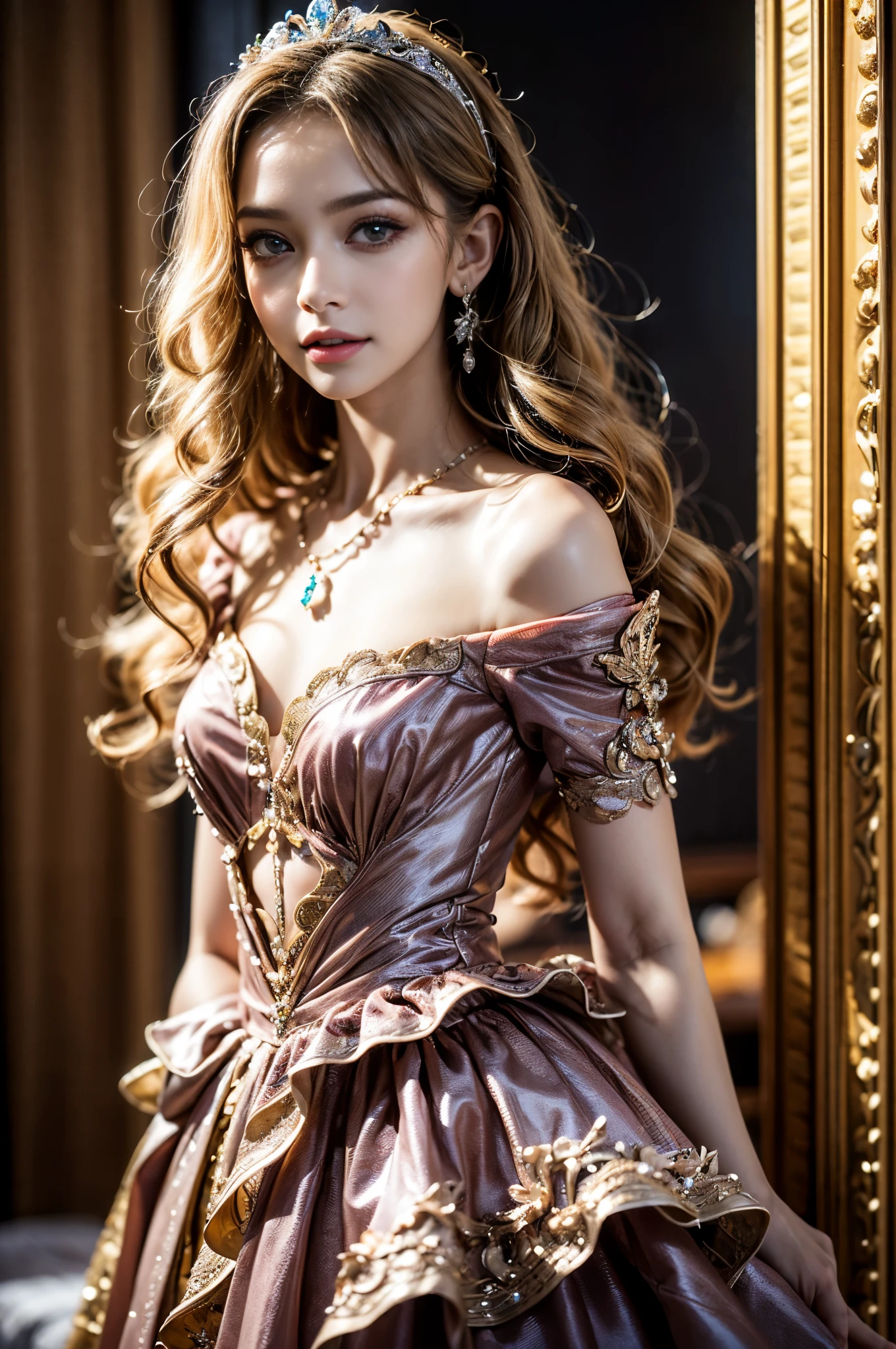 ((RAW shooting:1.5, realistic:1.5, 8K, highest quality, masterpiece, ultra high resolution)), Interior of a luxurious French royal palace, professional camera work:1.3, Highly detailed skin and facial textures:1.3, glow light effect, Super detailed:1.3, 1 cute polish girl, Fair skin, Glossy skin, (elegant:1.4, small face), Ultimate Cute Face:1.5, (Eyes that give a sense of purity:0.9, looking far away), smile:1.0, (mouth is slightly open:0.4, Clean and refreshing taste:0.7), double eyelid, ((super long bright blonde curly hair)), tiara, necklace and earrings, ((elegantで光沢のあるサテンのプリンセスドレスをオフショルダーで正しく着こなす方法)), Breast size is medium, cowboy shot