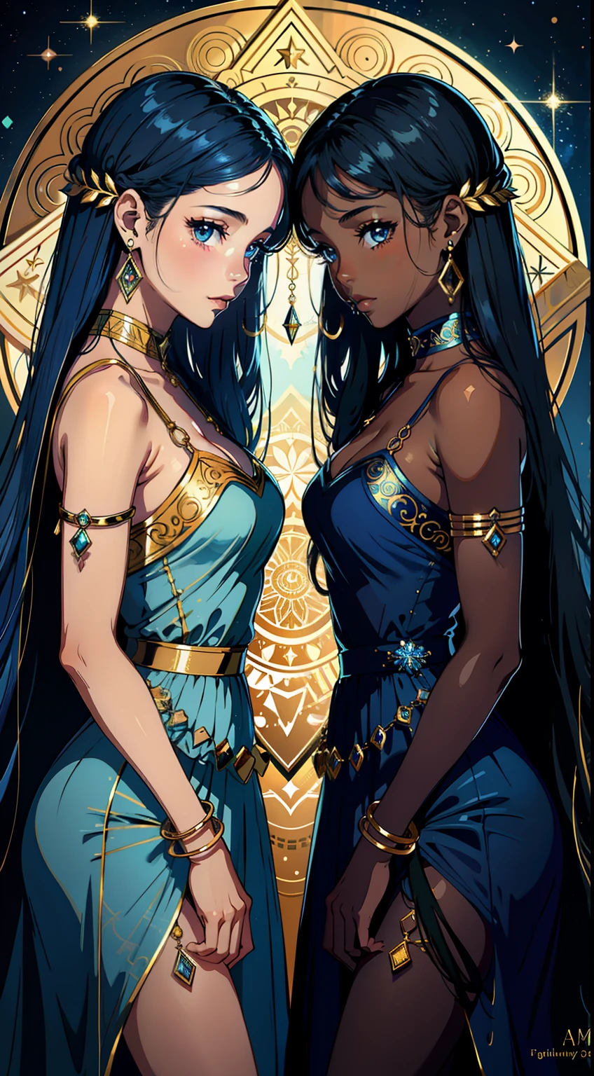 adesivo, fundo simples, portrait, 2 girls with dark skin, identical twin sisters with long hair, beautiful zodiac twins, zodiac aesthetic, sheer dresses, Gemini beautiful girl, very beautiful fantasy art, beautiful and elegant female celestial, beautiful detailed fantasy, gemini sign, gold and blue color palate, blue color-theme