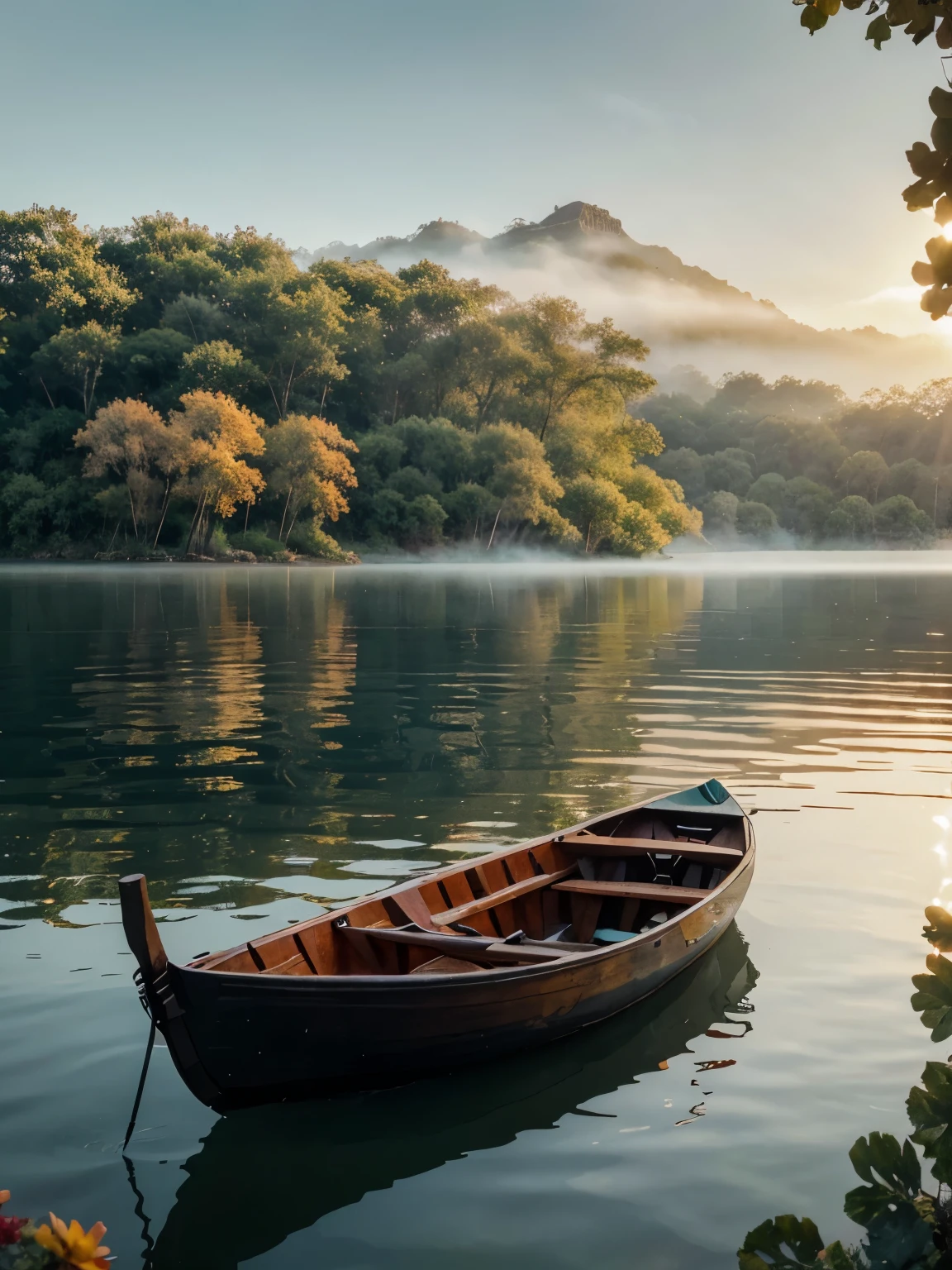 Stunning landscape foreground, a small wood boat plac on the rules of thirds composition, beautiful tini flowers, tropical, lake, foggy fresh morning on the, lake water surface foggy, sun shade light, Lightroom presets color tone blue, orange, red, yellow, dark moody, ultra realistic, high details, high quality, UHD graphics, 16k rendering.