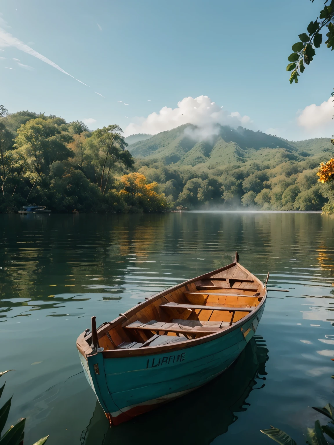 Stunning landscape foreground, a small wood boat plac on the rules of thirds composition, beautiful tini flowers, tropical, lake, foggy fresh morning on the, lake water surface foggy, sun shade light, Lightroom presets color tone blue, orange, red, yellow, dark, ultra realistic, high details, high quality, UHD graphics, 16k rendering.