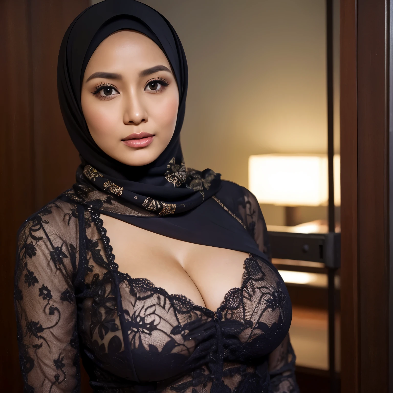 36 years Old, Hijab Indonesian Beautiful woman, Large Tits : 54.9, Gamirs, Breast about To burst out from her clothes, at doctor office, Dark light, at Nighttime.