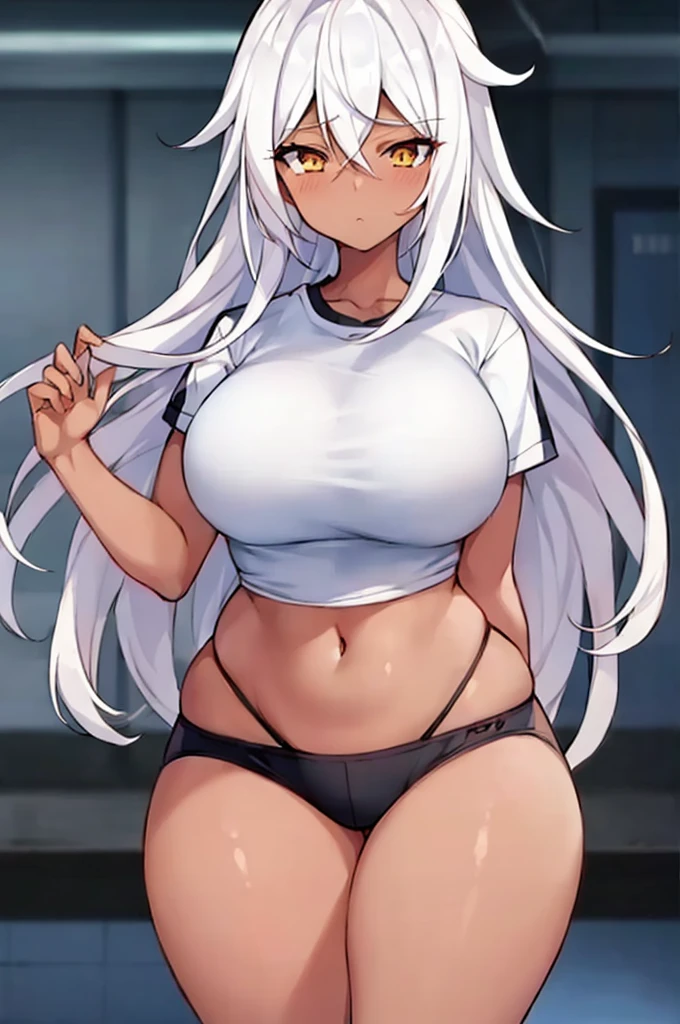 1girl, anime style, 2d, anime screencap, dark skin, dark-dkinned female, white hair, long hair, large breasts, wide hips, thick thighs, shirt, sportswear, shy, sports bra, screencap, masterpiece