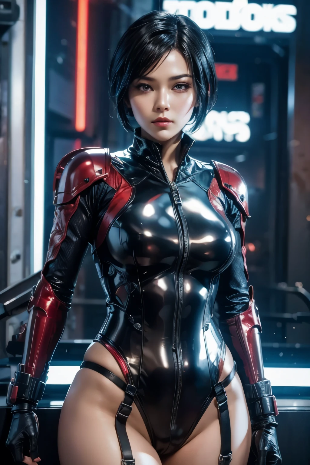 Ada Wong beauty young face in sci-fi suit steel tatical armor
