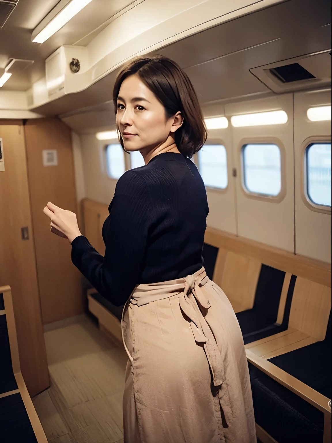 in 8K、Raw photography、Highest Quality、realisitic、Photorealsitic、Professional Lighting、​masterpiece、Very delicate and beautiful woman).No one else on board. A woman looking back at me and stands on empty japanese local subway, wearing a knit and a long skirt. 45 years old. A woman similar to Hitomi Kuroki, Has big breasts of J cup.,Rounded buttocks,Beautiful woman with slender abs,looking camera、Clothing that does not expose skin