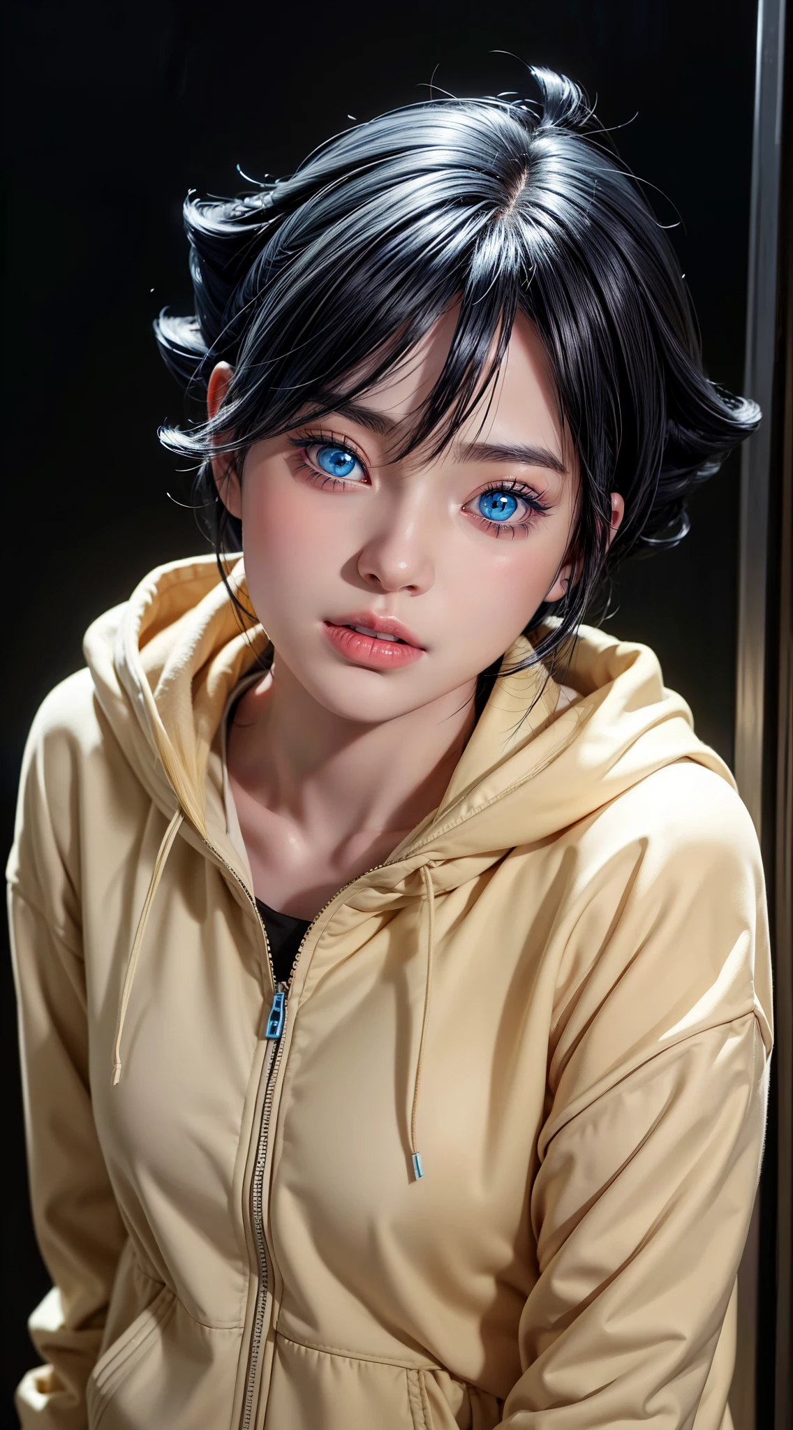 Turns every photo work art ,of a woman with long black hair and a pink shirt, she has a distant expression, semi realistic anime, in an anime style, semirealistic anime style, she has black hair, in anime style, (blue eyes:1.3), blunt bangs ,Uzumaki Himawari ,realistic ultra high qualiti detail images HD Restoration ,Ai,filter ,super detail clothes ,eliminates  to enchance igamages quality ,A small, thin, medium-sized face, has two rows of cat whiskers on the right and left cheeks ,detail realistic 