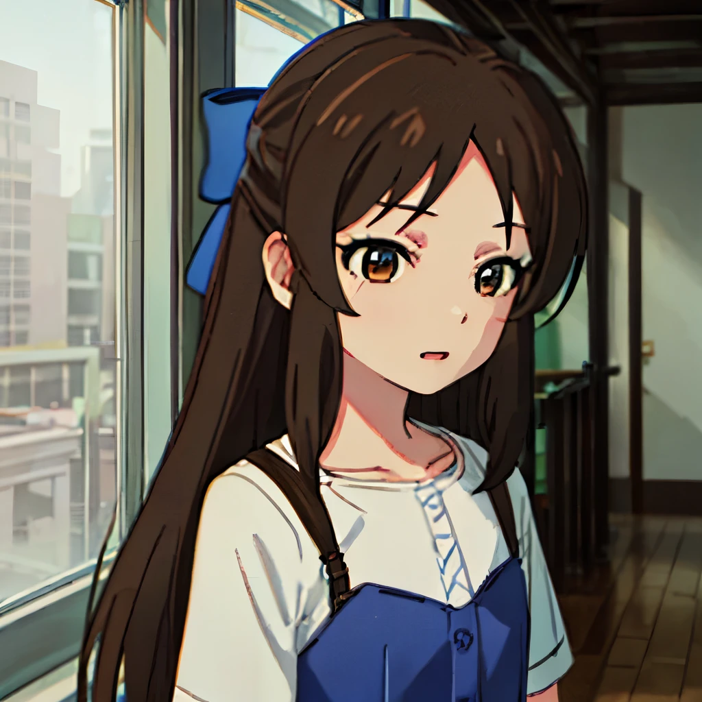 solo, best quality, masterpiece, highres, solo, {tachibana_arisu_theidolmastercinderellagirlsu149:1.15}, brown_hair, long_hair, brown_eyes, bow, hair_bow, upper_body, blue_bow, closed_mouth, bangs, 1girl, half_updo, open_mouth, blue_dress, collarbone