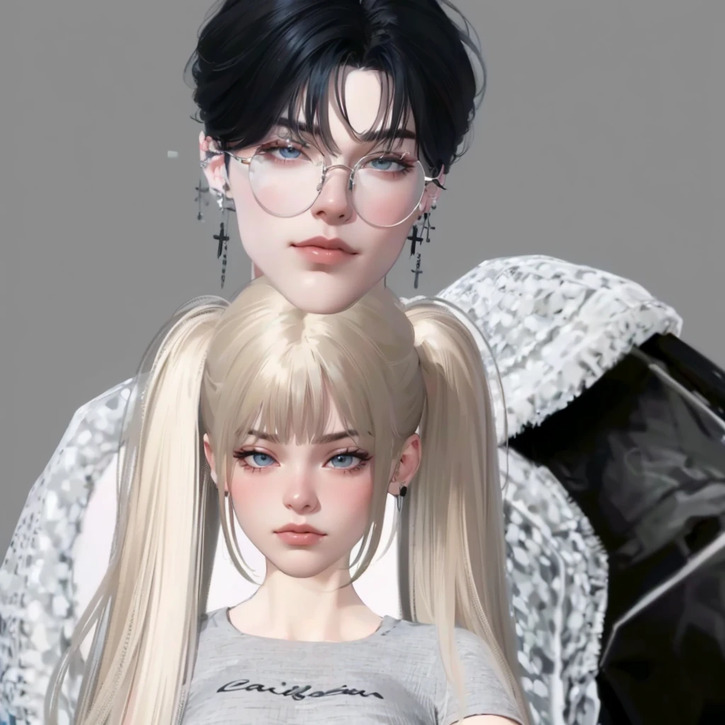 ( High quality , ultra detailed, careful with hand and face ) Dark, HD quality, Zepeto characters, realistic woman and man body, two characters, handsome sharp sexy face teen boy with glasses, pretty teen girl, model poses, focus on face.