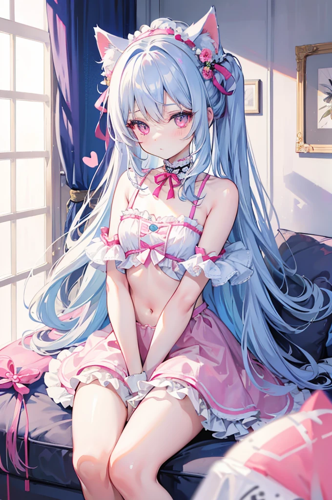 light blue hair，cat ears，pink eyes，light blue lolita，white socks，pink bow，in the room，Sitting on the sofa，Have in the living room，twin，masterpiece，best quality，official art，Extremely detailed CG Unity 8k wallpapers，2 girls，cute的女孩，Yuri，hair accessories，shorts，crop top，even，ribbon_choker necklace，leg straps，high quality，high resolution，最high quality），Broken blur background，（color：0.7），（eye focus：1.2），Gaze at the viewer，body body_upper part，Fisheye，（indoor：1.1），cute，warm light，cute cat ears 1 loltand， solo， ^ ^， （leaning_Forward：1.1）， missileehind_Back， （open one&#39;s eyes：1.1）， Head_tilt， Shoulder， small and long eyelashes， clavicle， （blush：0.95）， broken shiny skin， shiny hair， （bright pupils： 1.1）， curiouquisite eyes， hair accessories， long hair， hair up， white hair， mini skirt， shining eyes， 粉白相间的long hair，pink and white wings，deep pupils，decorated with brilliant gold，Pair it with white and soft clothes，她是一个cute甜美的美少女
