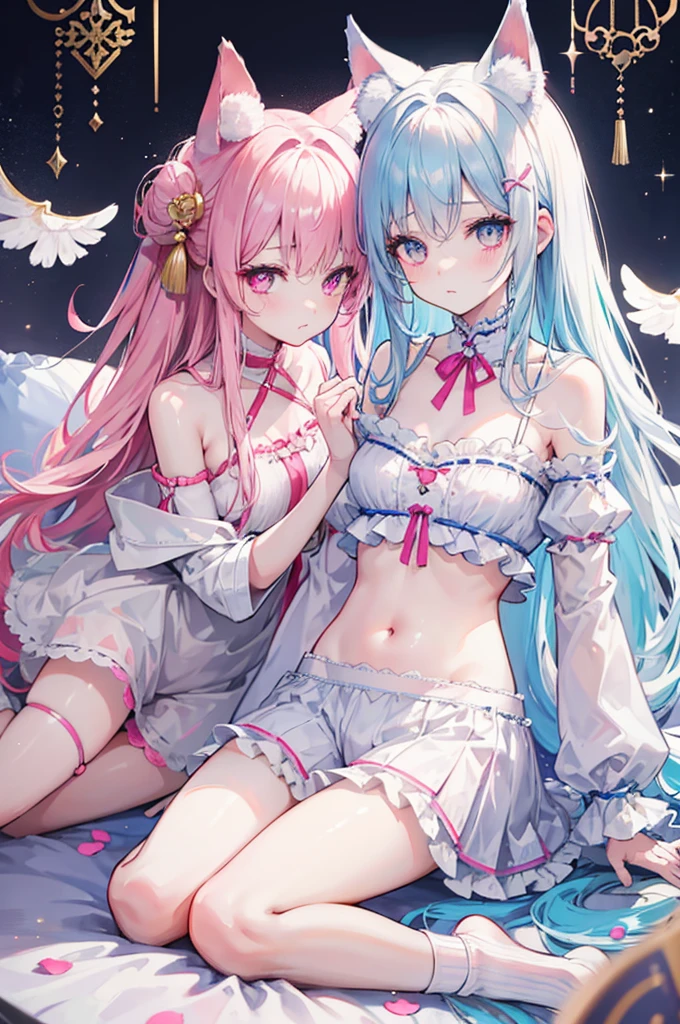 NSFW,Two  beautiful girls,Lying down,Spread your crotch,Lift both legs,show off nipple,short light blue hair,Pink eyes,Light blue Lolita,Cat's ears,white sock,pink bows,Pastel pink room,Smile with open mouth,garter strap,cute little,Top image quality,Best Quality,masutepiece