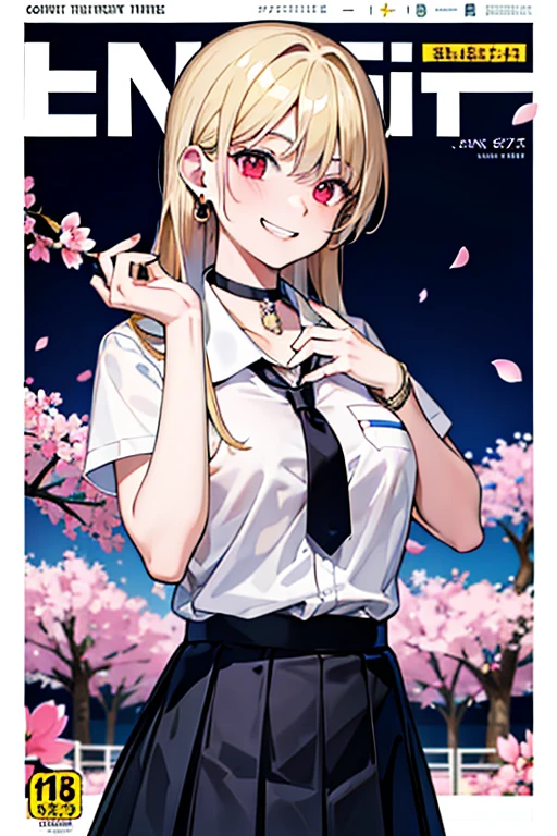 masterpiece, highest quality,  whole body,
1 girl, bangs, black choker, black tie, blonde hair, blue skirt, blush, bracelet, chest, choker, clothes around it waist, clavicle, collared shirt, cowboy shot, dress shirt, ear earrings, eyebrows visible through hair, gradient hair, grin and laugh, Improve, jewelry, Kogal, long hair, looking at the viewer, loose tie, tie, earrings, Plaid, Plaid skirt, pleated skirt, red eyes, ring, school uniform, shirt, skirt, smile, alone, white shirt,
street, null, cherry blossoms, petal,figure, (magazine:1.3), (cover-style:1.3), fashionable, woman, vibrant, clothing, take a pose, front, colorful, dynamic, background,  element, With confidence, Performance, holding, statement, accessories, majestic, coiled, around it, touch, scene, article, cover, bold, to attract attention, title, stylish, Font, catchy, headline, bigger, impressive, modern, trend, concentrated, fashion,