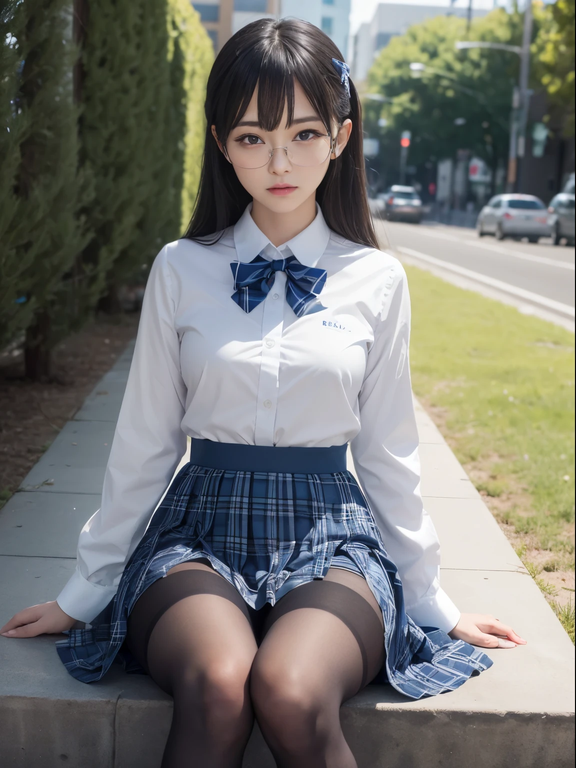 (I can see my underwear)、((細いeye))、((細いeye))、((細いeye))、(8K、生photographgraphy、highest quality、masterpiece：1.2),、small、(flat chest)、(flat chest)、(flat chest)、(flat chest)、(flat chest)、(Are thin)、Fair skin、Whitening、dark look、skinny,sex appeal,Fair skin肌,Saucy,School,looking at the viewer,looking straight ahead,Plump,high-pitched clothes,erotic,students,white skin,knees,((black pantyhose)),disorganized,small face,,I can see the forehead,Bangs hanging from the left and right sides of the forehead,(cold look,eyeがきつめ,glare,bullish,anger)、masterpiece,highest quality、ultra high resolution,生photograph,beautiful,beautiful,There is only one person, solo,Glasses,,dark look,small breasts same,full body,(まるGlasses),JK uniform,high school girl,japanese woman, （photorealistic：1.37）、photon mapping,Reality、beautiful woman,cute baby face,ブラウンeye、black socks、(red bow tie)、radio city、Physically based rendering、depth of field rally background、photograph,body,beautiful feet, long legs, thin legs,(I can see my bangs), Hairy pubic area, lips, blue_eye, nose soft,(light blue dress shirt), (Navy, blue and white plaid pleated skirt), kneesが見える,transparent clothing,, Peaches, black cotton socks,Nogizaka Idol, , japanese idol