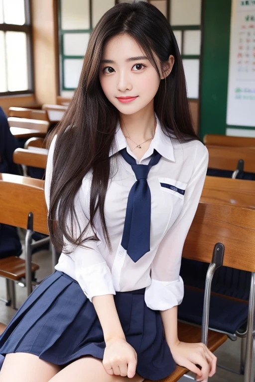 ((highest quality)), ((masterpiece)), 18 year old real Japanese beautiful schoolgirl、beautiful thigheautiful little cleavage、school uniform、Navy miniskirt 45cm above the knee、classroom、On your back