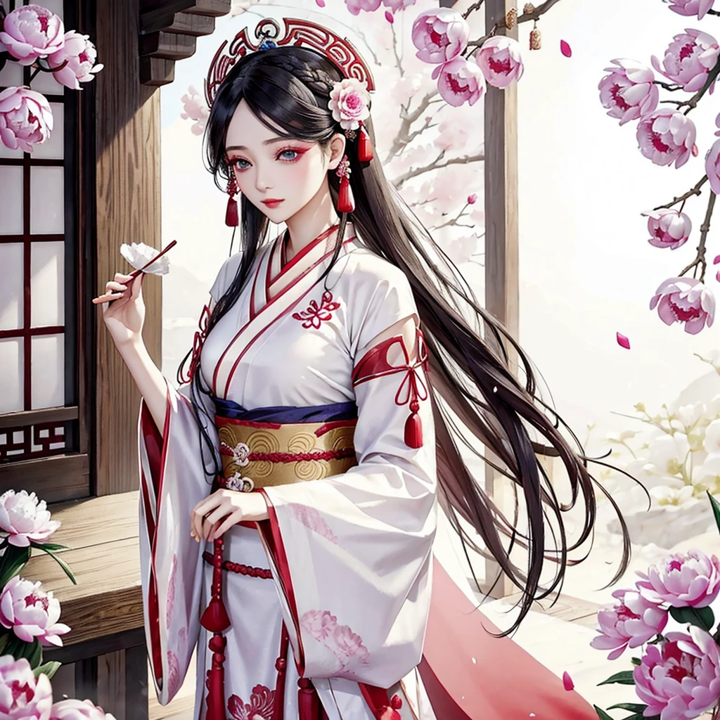 ancient wear，Hanfu，Gorgeous hair accessories，tassel，avatar，gauze，yandere，Peony flower，petal，breeze，A lady with exquisite makeup。a woman， background，flowing hair