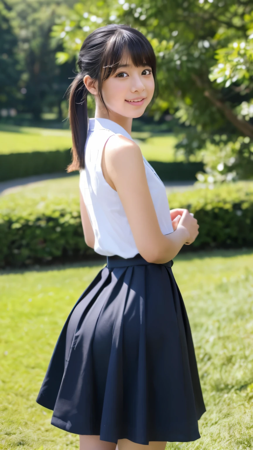 (((​masterpiece))), (((Full body photo)))， (One beautiful Japan girl, classmates, landscape and innocence，kawaii) ，超A high resolution, Realistic, ultra-detailliert, 8K,top-quality, Extremely detailed, Detailed background,A slender,very beautiful japanese girl, Detailed face:1.3), (Bery short pony tale hair，A dark-haired :1.4), (kawaii系,adorable 14 year old girl), (Perfect body:1.1),  on the grass in the park，Requisitioning smile,(((細面、自然なポーズ、胸は大きい,顔は小さい、お尻は小さい、バランスいいスタイル,足を軽く開いて立つ)))、(((((短いポニーテール、))))),show me your beautiful teeth,Focus on the crotch、sexy  pose，rosy cheeks，Super Detailed Face、Detailed lips、A detailed eye、small gravure idol，Transparent skin、Shade，Under a big 、SKIRTLIFT, 、,ass
bottom

vagina

genitals
back
behind、SKIRTLIFT,