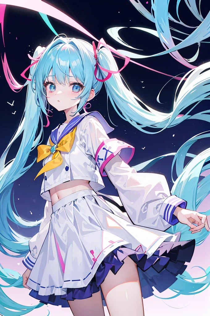 Colorful light background，long hair，Has a bright pink-purple transparent chewing gum texture，In pink、With blue, white, yellow and green、Pendant decoration with cyan accessories，This  a very sweet and sweet loli girl，Long light blue hair，crimson eyes，Her hair  tied with two pink hairbands，short twintails，Qi bangs，Two long hair curtains on both sides，Wearing a white sailor school uniform，grey short skirt，Iron earrings worn by bad girlangs pulled by hairpins，The sleeves are long，Fresh atmosphere，Warm colors，The eyes are focused，highlight，masterpiece，blush，expressionless，Open your mouth slightly