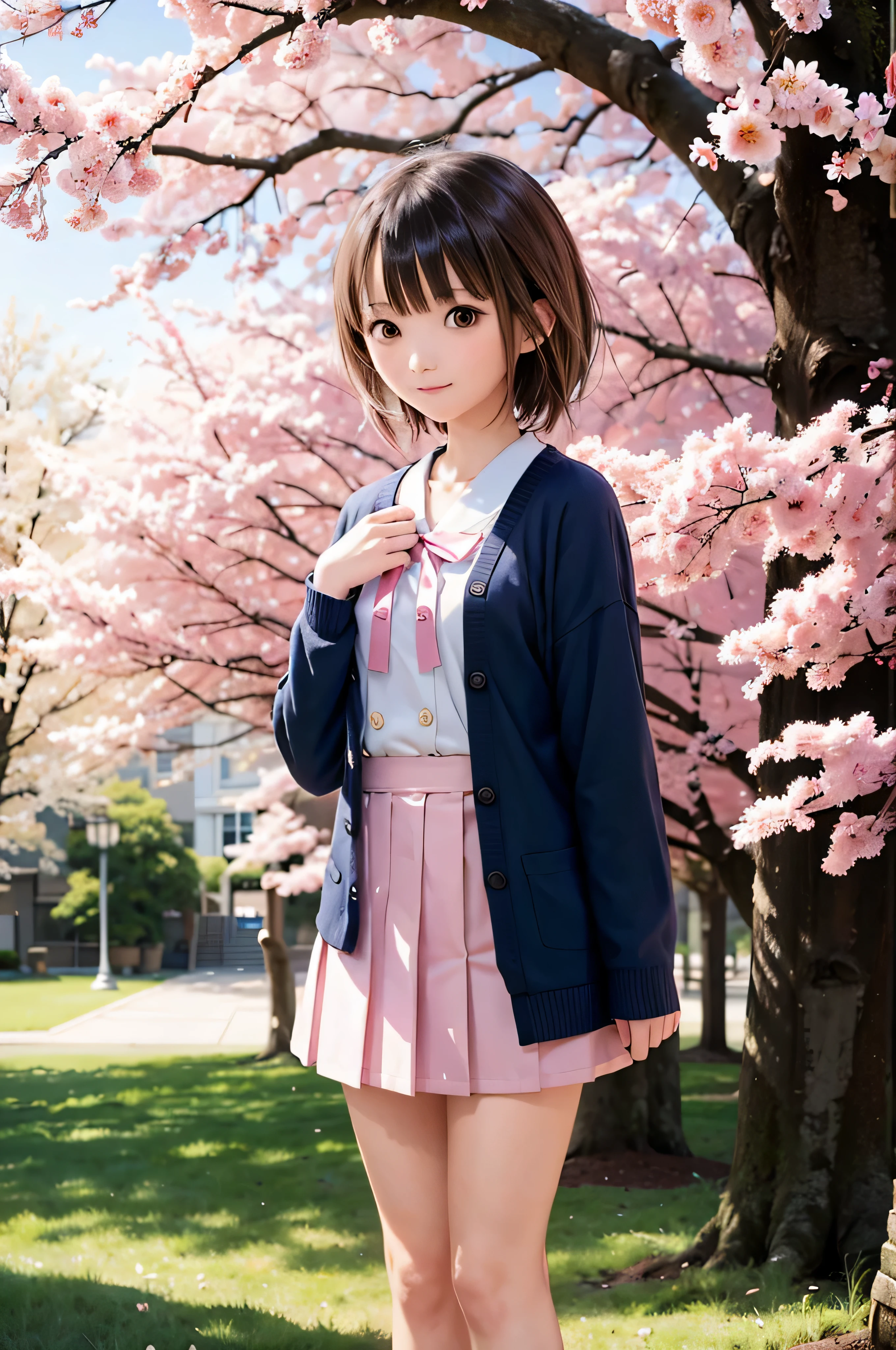 Anime-style portrait of Japanese  high school standing under spring cherry blossoms. she is looking to the side, her long brown hair blows in the wind. The girl has a calm expression, While watching the cherry blossom snowstorm illuminated by soft pink light. her eyes are black and shining, with a subtle smile. She is wearing a Japanese school uniform with a white blouse and a navy blue cardigan。。, Shining in the soft spring sunlight. The girl is depicted small in the frame. in the background, Bright pink cherry blossom branches are blurred. A scene of tranquility, bright, and peaceful atmosphere, Reminds you of the beautiful moments of Japanese anime.