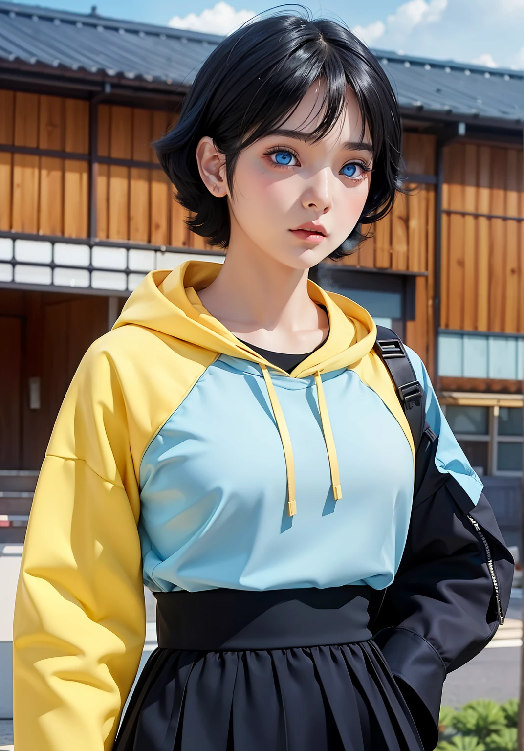 Turns every photo work art ,of a woman with long black hair and a pink shirt, she has a distant expression, semi realistic anime, in an anime style, semirealistic anime style, she has black hair, in anime style, (blue eyes:1.3), blunt bangs ,Uzumaki Himawari ,realistic ultra high qualiti detail images HD Restoration ,Ai,filter ,super detail clothes ,eliminates to enchance igamages quality ,A small, thin, medium-sized face, has two rows of cat whiskers on the right and left cheeks ,detail realistic