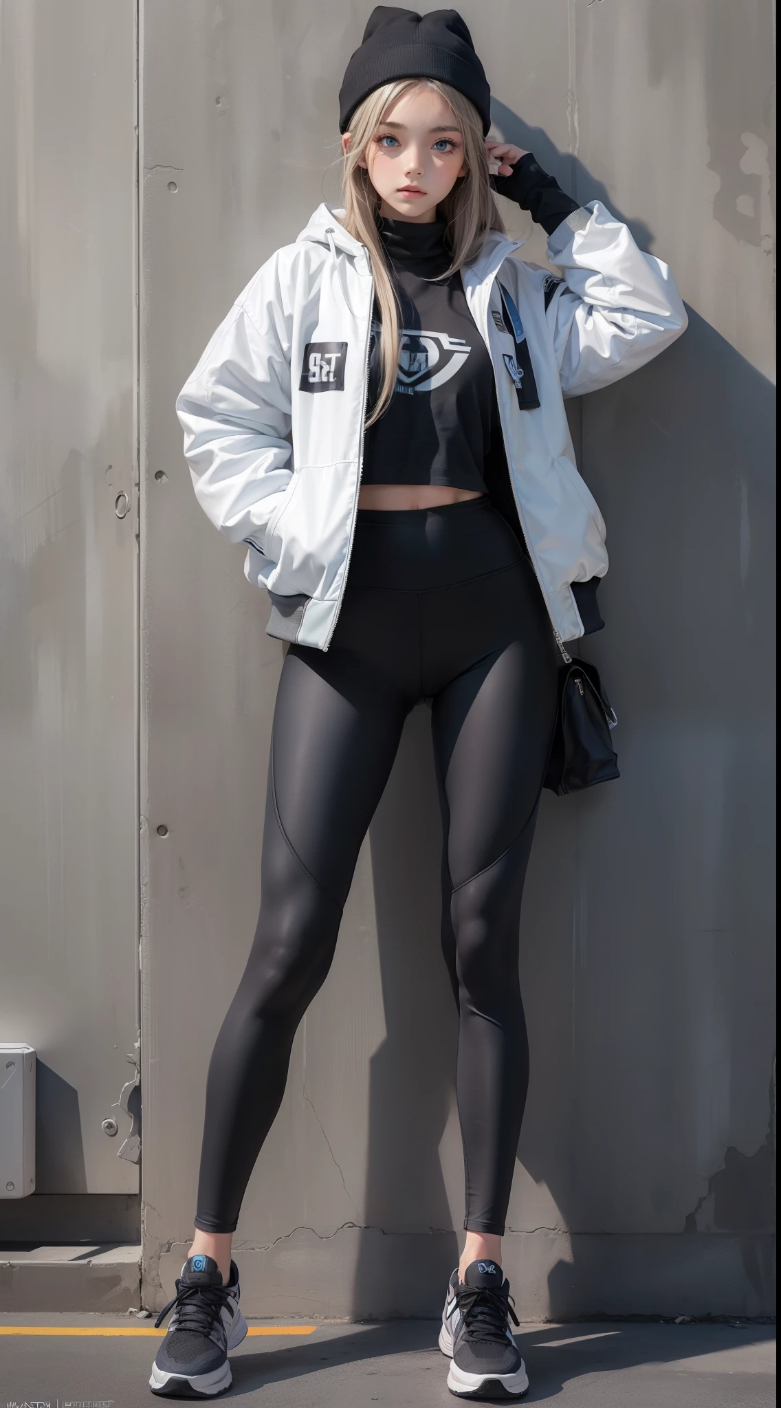(masterpiece:1.2, best quality), (graphite wall:1.15), 1 lady, beanie, jacket, Leggings, blue eyes, full body,