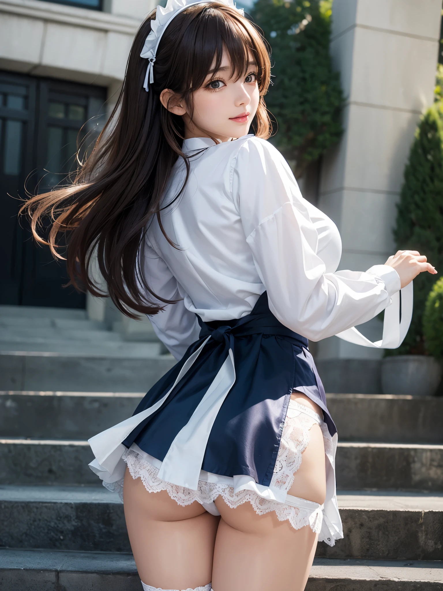 ((master piece、best quality、High resolution、nffsw、perfect pixel、8K、nffsw、nffsw)))、1 girl、single、alone、beautiful woman、I could see the whole body、((middle wavy hair、bangs、brown hair))、((brown eyes、beautiful eyelashes、realistic eyes))、((detailed face、blush:1.2))、((smooth texture:0.75、realistic texture:0.65、realistic:1.1、Anime CG style))、big and full breasts、dynamic angle、perfect body、((English Made、white frilled maid headband、ruffle blouse、ribbon tie、apron、navy blue mini skirt、silk socks、high heels))、luxury hotel stairs、Angle looking up from the bottom of the stairs、Very embarrassed、Panic Smile、looked back、leaning forward、((The wind flipped my skirt and exposed my butt....................、Looking back、Touching the buttocks with both hands、Silk lace panties、shiny thighs))、