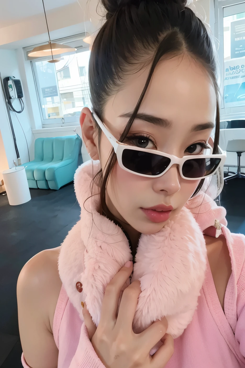 a close up of a woman wearing oculos de sol and a pink jacket, dilraba dilmurat, with oculos de sol, Bela Delfina, with sunglasses, Ulzzang, PINK GLASSES, oculos de sol, e - garota, e-garota, 2 0 2 0 moda, jennie blackpink, with fluffy white fur, in sunglasses, branco e rosa, Pelo cor-de-rosa