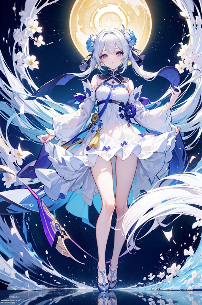 (Extremely detailed CG unified 8k wallpaper,masterpiece,Best Illustration,best quality,Extremely refined and beautiful,float,high resolution,dynamic angle,dynamic poses,(De Gea from Genshin Impact),night sky,Star,flashing lights,Soft and peaceful atmosphere):(De Gea:1.3)+(Genshin Impact:1.1)+(night sky:1.1),乳white hair,furry cloth pipa,Blue and white,beautiful appearance,这是一个cute的女孩,白eautiful appearance,cute,a teenage girl,white hair,blue eyes,sea of white clothes,have fun,Wearing a wreath on the head,running action,Beautiful and charming loli character,Her appearance very eye-catching。Has silky sky blue hair,And a pair of bright big eyes,Her face庞十分精致,Give people a sense of calmness、elegant feeling。also,wearing white dress,The design of this dress very vivid、comprehensive,Appearance very attractive,crystal clear brilliance,White hair and fair skin,unique,fox ace movie,facial highlight,golden eyes,gradient eyes,white eyelashes,(colorful),(Exquisite makeup),(thick lips),lipstick,glowing eyes,(Highlight eye shadow),(smooth,straight hair),Exquisite facial sculpture lighting effects,Grade,18K,masterpiece,extremely high detail,Colorful,(hair bow),(a beam of light hits)Her face),(hair glowing),incomparable beauty,hair details,small nose,Exquisite light and shadow,straight nose bridge,Very good skin quality,Exquisite eye description,clear eye hair),golden ratio facial features,k hd,Glowing light,8K resolution,超high resolution,higher quality,flowers,White glowing particle effect,lift up skirt,Body,exposed,Big deal,swimsuit,((full body shot))