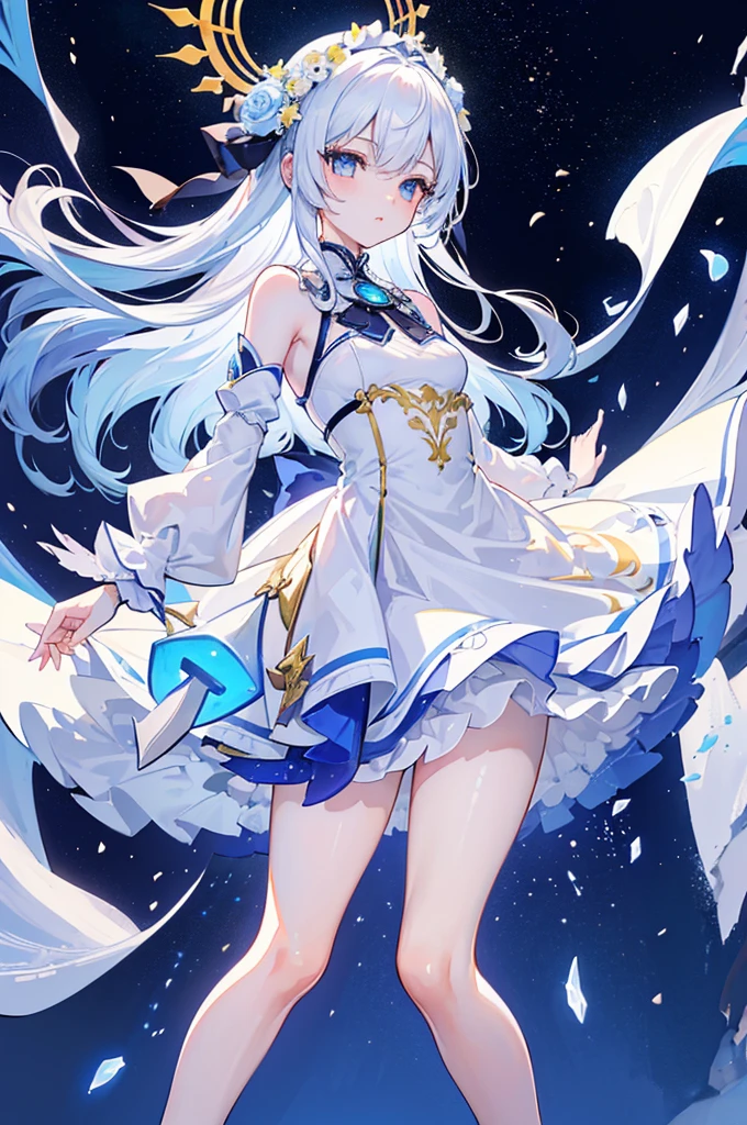 （Extremely detailed CG unified 8k wallpaper，masterpiece，Best Illustration，best quality，Extremely refined and beautiful，float，high resolution，dynamic angle，dynamic poses，（De Gea from Genshin Impact），night sky，Star，flashing lights，Soft and peaceful atmosphere）:(De Gea：1.3）+（Genshin Impact：1.1）+（night sky：1.1），乳white hair，furry cloth pipa，Blue and white，beautiful appearance，这是一个cute的女孩，白eautiful appearance，cute，a teenage girl，white hair，blue eyes，sea of white clothes，have fun，Wearing a wreath on the head，running action，Beautiful and charming loli character，Her appearance  very eye-catching。Has silky sky blue hair，And a pair of bright big eyes，Her face庞十分精致，Give people a sense of calmness、elegant feeling。also，wearing white dress，The design of this dress  very vivid、comprehensive，Appearance  very attractive，crystal clear brilliance，White hair and fair skin，unique，fox ace movie，facial highlight，golden eyes，gradient eyes，white eyelashes，（colorful），（Exquisite makeup），（thick lips），lipstick，glowing eyes，（Highlight eye shadow），（smooth，straight hair），Exquisite facial sculpture lighting effects，Grade，18K，masterpiece，extremely high detail，Colorful，（hair bow），（a beam of light hits）Her face），（hair glowing），incomparable beauty，hair details，small nose，Exquisite light and shadow，straight nose bridge，Very good skin quality，Exquisite eye description，clear eye hair），golden ratio facial features，k hd，Glowing light，8K resolution，超high resolution，higher quality，flowers，White glowing particle effect，lift up skirt，Body，exposed，Big deal，swimsuit，（（full body shot））
