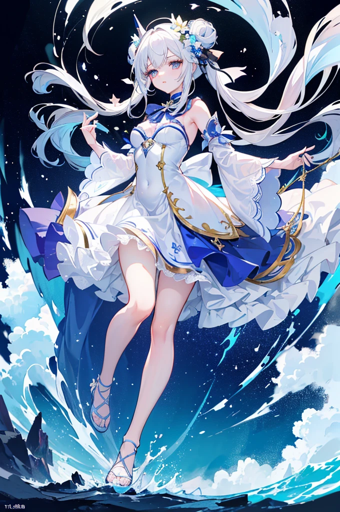 (Extremely detailed CG unified 8k wallpaper,masterpiece,Best Illustration,best quality,Extremely refined and beautiful,float,high resolution,dynamic angle,dynamic poses,(De Gea from Genshin Impact),night sky,Star,flashing lights,Soft and peaceful atmosphere):(De Gea:1.3)+(Genshin Impact:1.1)+(night sky:1.1),乳white hair,furry cloth pipa,Blue and white,beautiful appearance,这是一个cute的女孩,白eautiful appearance,cute,a teenage girl,white hair,blue eyes,sea of white clothes,have fun,Wearing a wreath on the head,running action,Beautiful and charming loli character,Her appearance very eye-catching。Has silky sky blue hair,And a pair of bright big eyes,Her face庞十分精致,Give people a sense of calmness、elegant feeling。also,wearing white dress,The design of this dress very vivid、comprehensive,Appearance very attractive,crystal clear brilliance,White hair and fair skin,unique,fox ace movie,facial highlight,golden eyes,gradient eyes,white eyelashes,(colorful),(Exquisite makeup),(thick lips),lipstick,glowing eyes,(Highlight eye shadow),(smooth,straight hair),Exquisite facial sculpture lighting effects,Grade,18K,masterpiece,extremely high detail,Colorful,(hair bow),(a beam of light hits)Her face),(hair glowing),incomparable beauty,hair details,small nose,Exquisite light and shadow,straight nose bridge,Very good skin quality,Exquisite eye description,clear eye hair),golden ratio facial features,k hd,Glowing light,8K resolution,超high resolution,higher quality,flowers,White glowing particle effect,lift up skirt,Body,exposed,Big deal,swimsuit,((full body shot))