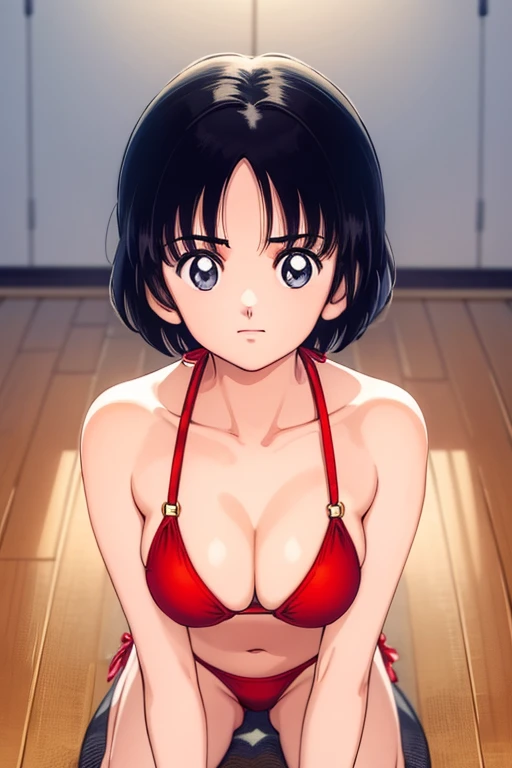 1girl, haruka, black hair, short hair, bangs, looking at viewer, medium breast, cleavage, (all fours, seiza), upper body, ((red micro bikini)), (best quality, masterpiece:1.3)