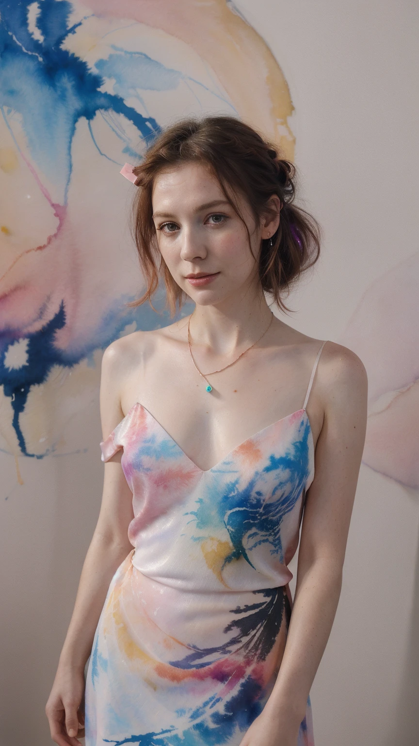 (8k, best quality, masterpiece:1.2),(best quality:1.0), (ultra highres:1.0), watercolor, a beautiful woman, shoulder, hair ribbons, by agnes cecile, half body portrait, extremely luminous bright design, pastel colors, (ink:1.3), autumn lights, silk dress necklaces, jewellers, 