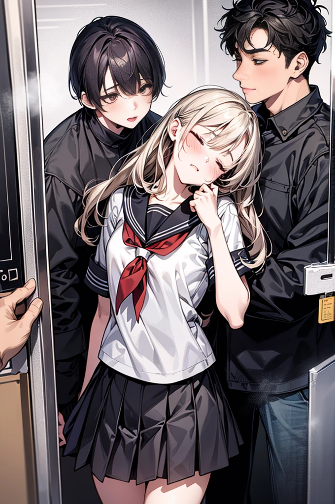 ((NSFW)),((((1 boy and 1girl are having sex)))),standing doggy, hug from behind、crowded train、18 year old cute girl, (photorealista:1.4), Half Russian and Japanese girl、i have super white skin、School uniform、{{{{{White Serafuku}}}}}, {{{{{{gray color}}}}}}, {{{{{{gray mini skirt}}}}}}, {{{yellow tie}}}, I have my clothes on、small breasts、( messy chestnut hair),she has very nice skinny legs, closed my eyes tightly,pretend to be asleep, heavy breathing, make cheeks red,contorted in pain、(cum on clothes)、sexual excitement