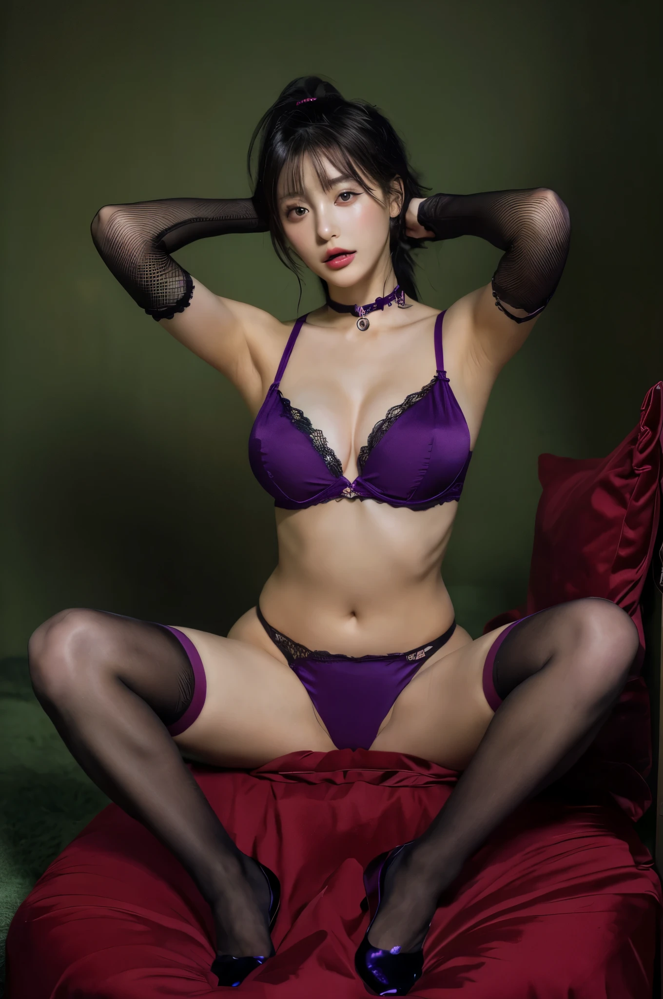 highest quality, masterpiece, ultra high resolution, (photorealistic: 1.4), ((sit and spread your legs))、Raw photo, japanese idol、Black Hair Ponytail、Purple Micro Bikini, Fishnet tights、huge boobs、open your mouth、(hands behind head)、Full body Esbian、choker、high heels、