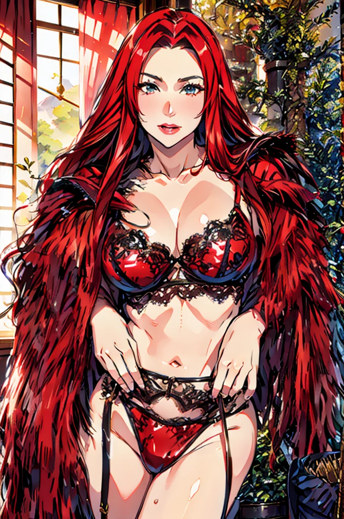 araffe woman in red lingerie posing in front of volcano mountain, wearing sexy lingerie, red lace, red fur, lingerie, sexy :8, red hot, red bra, gorgeous chinese model, wearing red fur, laced lingerie, red, lovely woman, lacey, 18 years old, all red, wearing a red outfit, sexy style,red hair,fantasy concept art,volcano lava,volcano mountain background