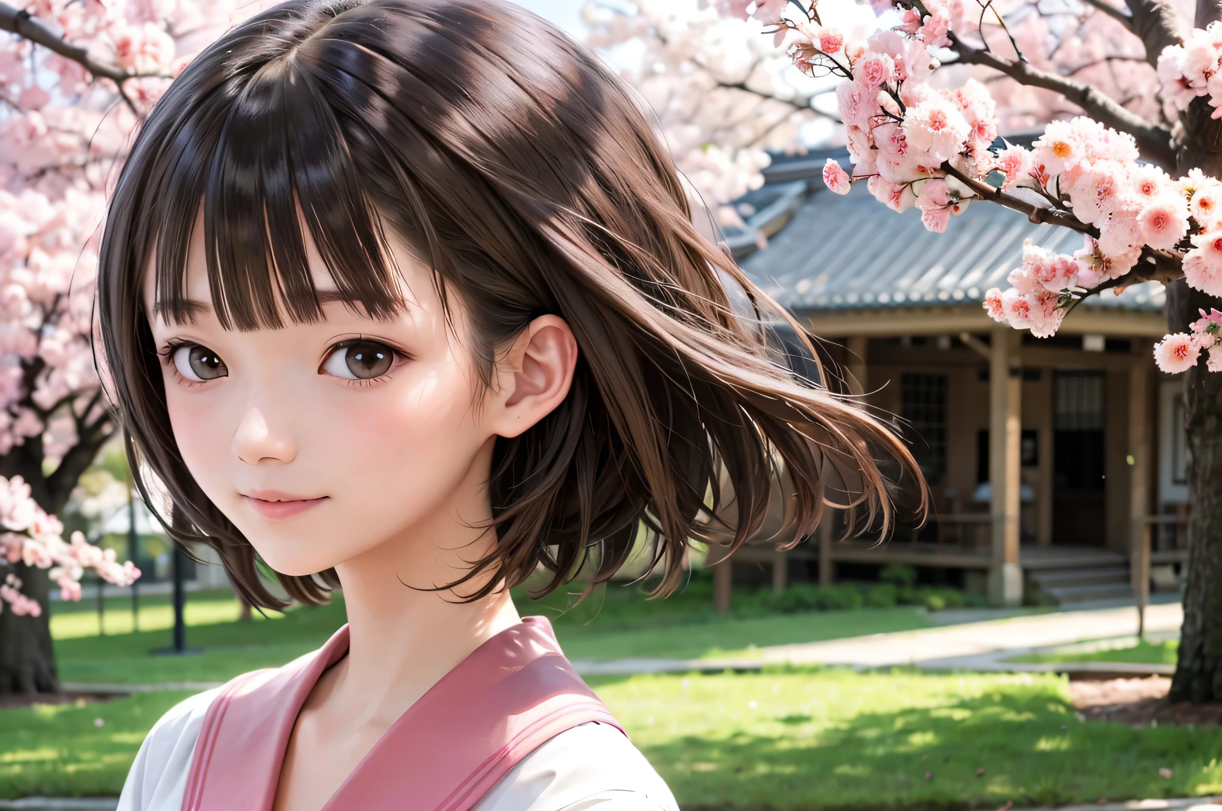 Anime-style portrait of Japanese  high school standing under spring cherry blossoms. she is looking to the side, her long brown hair blows in the wind. The girl has a calm expression, While watching the cherry blossom snowstorm illuminated by soft pink light. her eyes are black and shining, with a subtle smile. She is wearing a Japanese school uniform with a white blouse and a navy blue cardigan。。, Shining in the soft spring sunlight. The girl is depicted small in the frame. in the background, Bright pink cherry blossom branches are blurred. A scene of tranquility, bright, and peaceful atmosphere, Reminds you of the beautiful moments of Japanese anime.