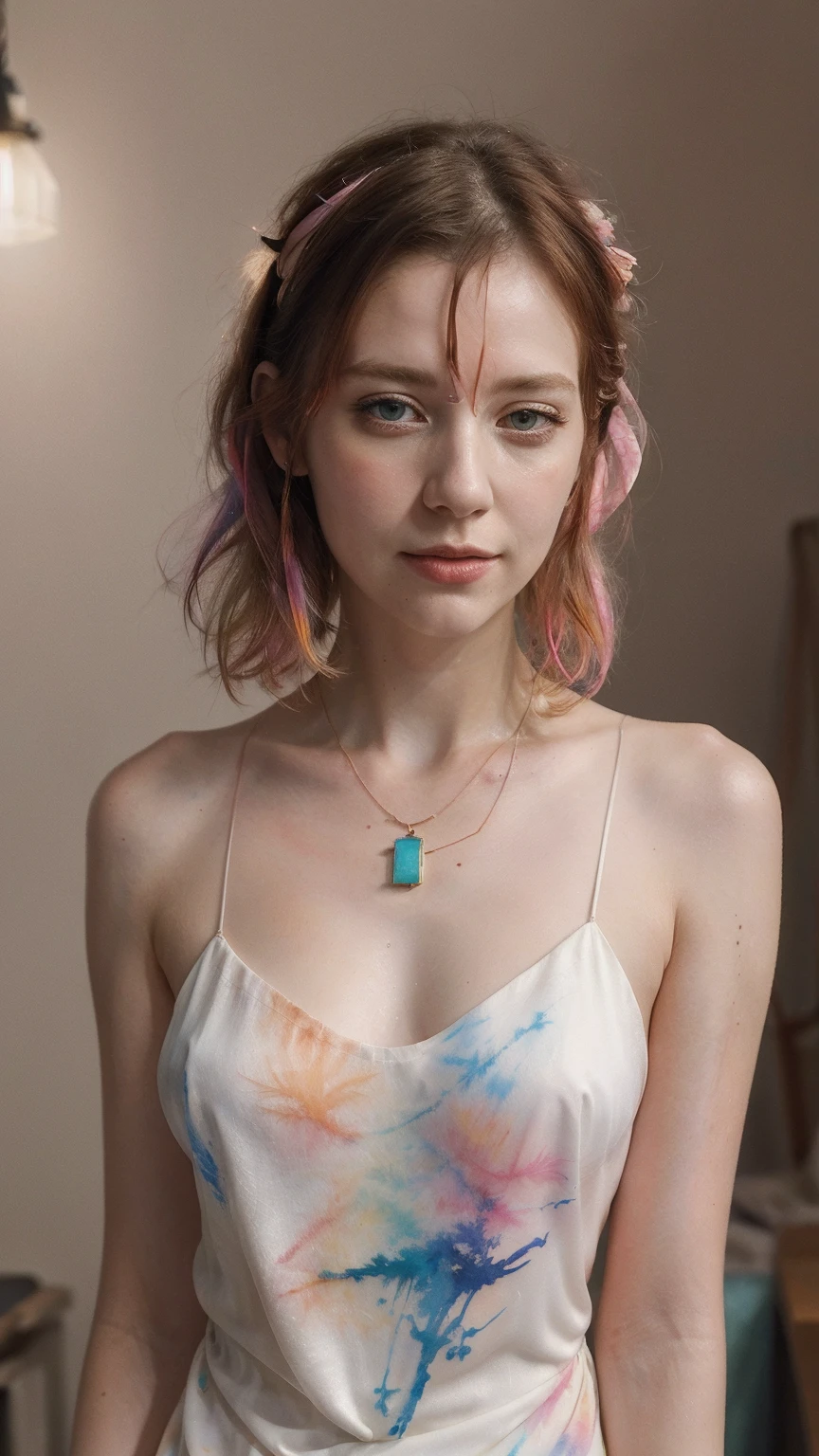 (8k, best quality, masterpiece:1.2),(best quality:1.0), (ultra highres:1.0), watercolor, a beautiful woman, shoulder, hair ribbons, by agnes cecile, half body portrait, extremely luminous bright design, pastel colors, (ink:1.3), autumn lights, silk dress necklaces, jewellers, 