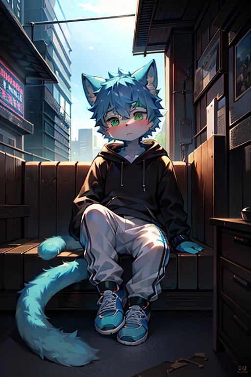 (best quality,4k,8k,high resolution,masterpiece:1.2),Ultra-detailed,(lifelike,lifelike,lifelike:1.37),blue short hair,fluffy,cute,illustration,Shota,digital painting,studio lighting,bright colors,Surreal,pastel color palette,soft light,hairy,Cat,Cat耳朵,Cat尾巴,green eyeale,long tail,personification,hairy艺术风格,blue fur,black hoodie,White trousers,sports shoes,cyberpunk,wear glasseoon,Rooftop,green fingertips,There are God's eyes)