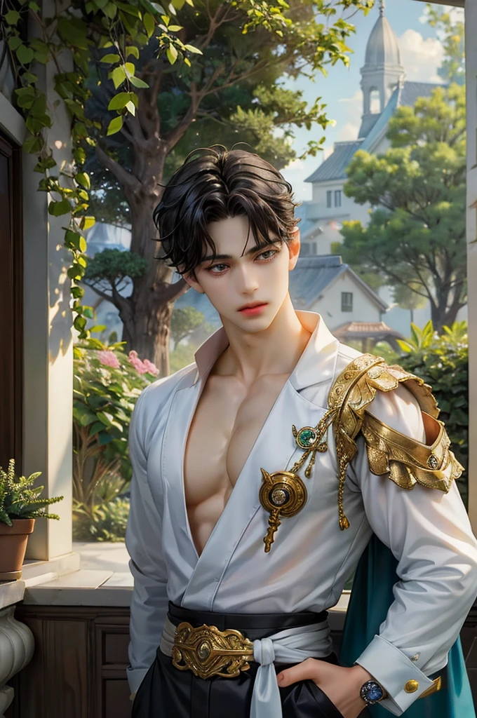 (absurdos, high resolution, ultra detalhado, HDR), obra de arte, melhor qualidade, Lenda do personagem Mana, retrato de um coreano, handsome hero, ser celestial, meninopless, rosto detalhado, toque verde, Dentro de casa, interior, interiores detalhados, Luz, aventureiro, handsome aventureiro, detalhes vermelhos, foto profissional, homem estilo RPG, motivo azul, torso detalhado, De olho no espectador,garoto de 18 anos, cute boy in a city covered in greenery, detailed cenary, paisagem detalhada, fundo detalhado