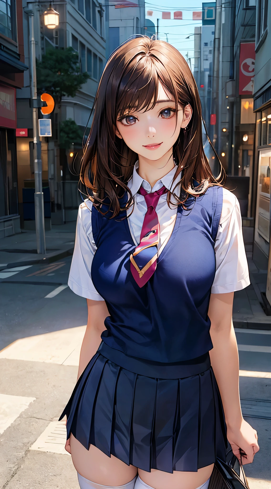 (masterpiece:1.2, top-quality), (realistic, photorealistic:1.4), beautiful illustration, (natural side lighting, movie lighting),
looking at viewer, cowboy shot, front view:0.6, 1 girl, japanese, perfect face, cute and symmetrical face, shiny skin,
(long hair:1.4, half updo:1.5, light brown hair), hair between eye, dark brown eyes, long eye lasher, (large breasts:2.6, seductive thighs),
beautiful hair, beautiful face, beautiful detailed eyes, beautiful clavicle, beautiful body, beautiful chest, beautiful thigh, beautiful legs, beautiful fingers, big breasts, enhance breasts, busty, cleavage, press breasts together, hold breasts,
((white collared shirts, black navy pleated miniskirt, sport bra, white cardigan)), pink panties, school bag,
(beautiful scenery), evening, riverside, walking, (lovely smile, upper eyes),