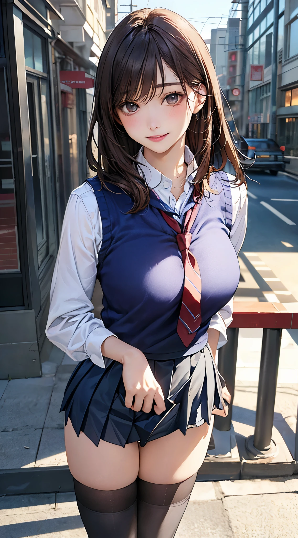 (masterpiece:1.2, Highest quality), (Realistic, photoRealistic:1.4), Beautiful illustrations, (Natural Side Lighting, Cinema Lighting), 
View your viewers, Cowboy Shot, Front view:0.6, 1 Girl, Japanese, high school girl, Perfect Face, Cute and symmetrical face, Shiny skin, 
(Mid-length hair:1.8, Straight hair:1.7, Brown Hair), Asymmetrical bangs, Golden Eyes, (Large Breasts:1.1, Thick thighs), 
Beautiful Hair, Beautiful Face, Beautiful attention to detail, Beautiful clavicle, Beautiful body, Beautiful breasts, Beautiful thighs, Beautiful feet, 
((Light blue collared shirt, Navy pleated mini skirt, socks, Navy tie, Navy vest, White knee socks)), Pink Panties, 
(Beautiful views), evening, street, Vibrator in knee socks, (Roll up the skirt yourself, ), (Dildo under clothes),
((Ahegao, Embarrassing, Scared, Open your mouth)), 