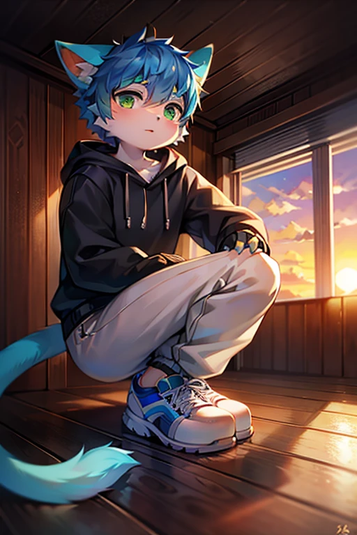 (best quality,4k,8k,high resolution,masterpiece:1.2),Ultra-detailed,(lifelike,lifelike,lifelike:1.37),blue short hair,fluffy,cute,illustration,Shota,digital painting,studio lighting,bright colors,Surreal,pastel color palette,soft light,hairy,Cat,Cat耳朵,Cat尾巴,green eyeale,long tail,personification,hairy艺术风格,blue fur,black hoodie,White trousers,sports shoes,Sunset,highway,wear glasseoon,Rooftop,green fingertips,There are God's eyes)