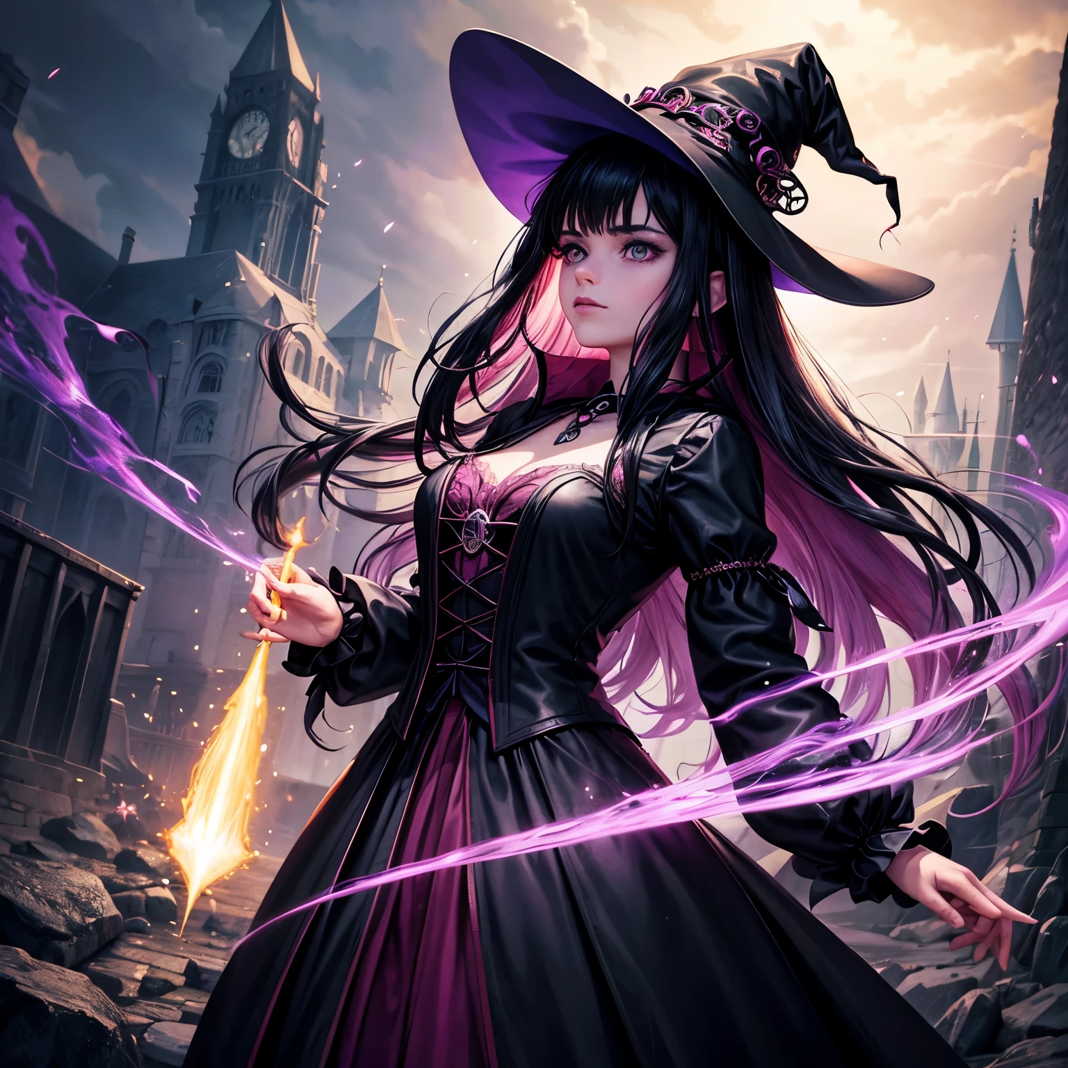 Teenage boy magically transformed into a cute girl by a witch and becomes her apprentice, gender bending ritual, pink eyes, long black hair with pink dye, stunning black victorian dress, pointy hat
(best quality,4k,8k,highres,masterpiece:1.2),ultra-detailed,(realistic,photorealistic,photo-realistic:1.37),magic transformation,pink-eyed,black-haired,witch apprentice,victorian dress,gender-bending,powerful ritual,black dress,long flowing hair,enchanted,pointy hat,witchcraft,transformation magic,teenage girl,magical training,magical world,mystery and enchantment,dark and mystical atmosphere,charming and whimsical,hidden powers,wizardry,beautifully intricate dress,fantasy setting,mystical ambiance,witch's apprentice,secretive magic rituals,dark feminine energy,black lace gown,dramatic and captivating,transformational journey,powerful magic,spellbinding apprenticeship,unveiling hidden desires,girl empowered,witch's guidance,powerful femininity,nighttime setting,spell-casting magic,gender-swapping magic,witch's spell,beautiful transformation,thrilling and mysterious,empowered with magic,surrounded by mystic energy,beauty in transformation,colorful sparks of magic,whimsical and dramatic transformation,enchanted girl with witchly powers,dual nature of magic and femininity,intense and vibrant colors,mesmerizing and magical transformation,witchcraft school training,modern witch apprentice,discovering true self,secrets of witchcraft and power,revealing hidden potential,magical metamorphosis,embracing new identity under moonlight,spellbound by the witch's powers,teenage girl learning the ways of magic,wondrous and captivating transformation.