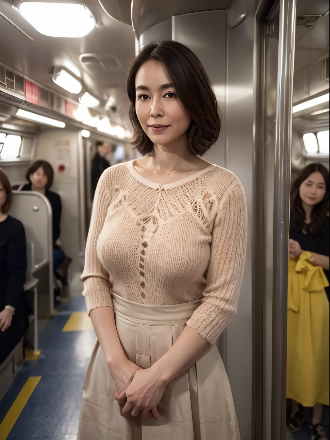 in 8K、Raw photography、Highest Quality、realisitic、Photorealsitic、Professional Lighting、masterpiece、Very delicate and beautiful woman).A woman looking back at me and stands on empty subway, wearing a knit and a long skirt. No one else on board.45 years old. Has big breasts of J cup.,Rounded buttocks,Beautiful woman with slender,looking camera、Clothing that does not expose skin