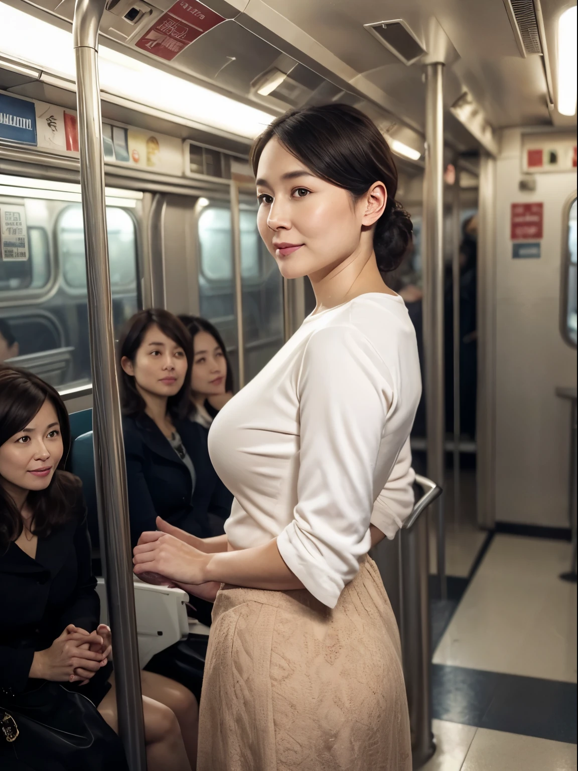 in 8K、Raw photography、Highest Quality、realisitic、Photorealsitic、Professional Lighting、​masterpiece、Very delicate and beautiful woman).A woman looking back at me and stands on empty subway, wearing a knit and a long skirt. No one else on board.45 years old. Has big breasts of J cup.,Rounded buttocks,Beautiful woman with slender,looking camera、Clothing that does not expose skin