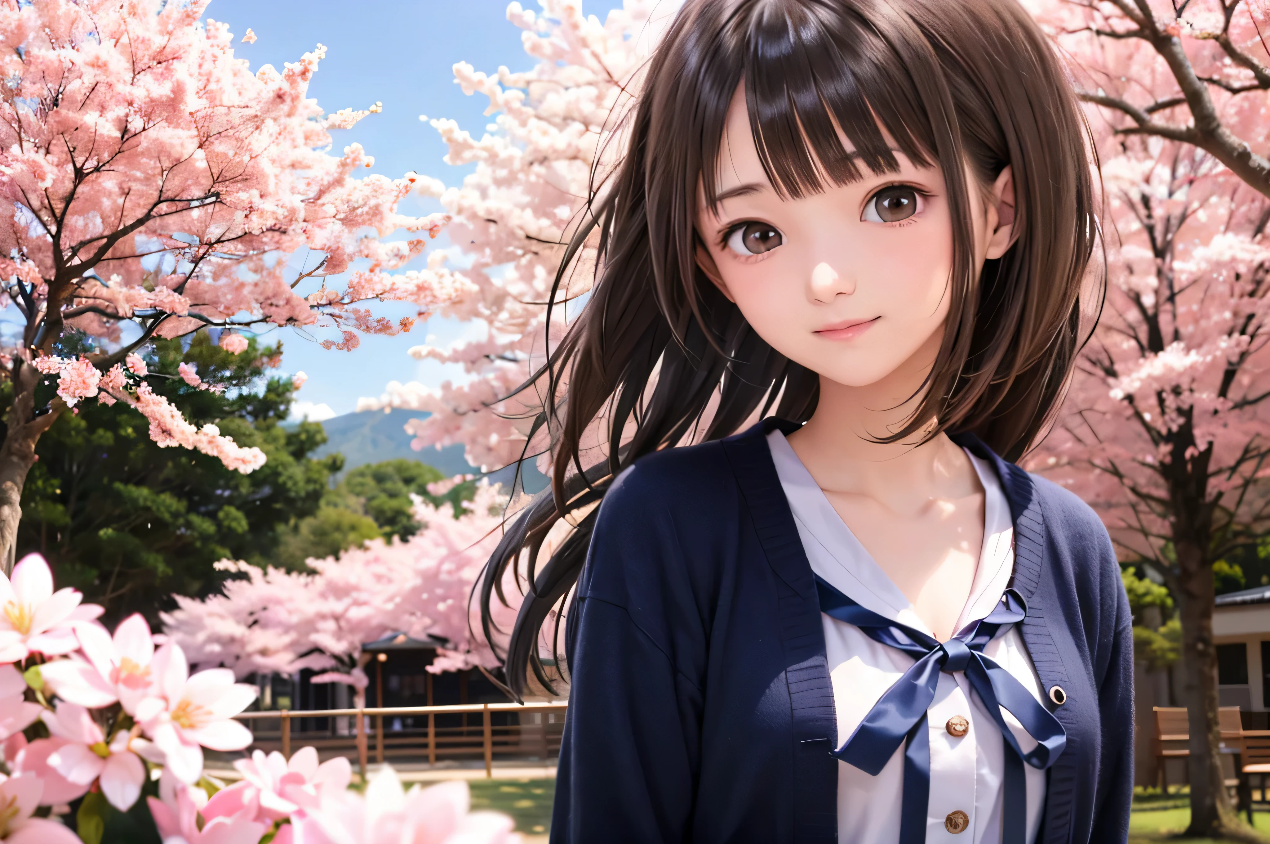 Anime-style portrait of Japanese junior high school girls standing under spring cherry blossoms. she is looking to the side, her long brown hair blows in the wind. The girl has a calm expression, While watching the cherry blossom snowstorm illuminated by soft pink light. her eyes are black and shining, with a subtle smile. She is wearing a Japanese school uniform with a white blouse and a navy blue cardigan。。, Shining in the soft spring sunlight. The girl is depicted small in the frame. in the background, Bright pink cherry blossom branches are blurred. A scene of tranquility, bright, and peaceful atmosphere, Reminds you of the beautiful moments of Japanese anime.