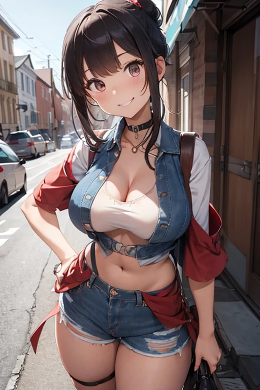 masterpiece、The best、1 female、denim vest、Denim shorts、Red shirt， Bun bun、black hair、Shoulder leakage、big breasts、chubby、Smile、White suspenders、lace leggingackpack，On campus，pose，Street culture