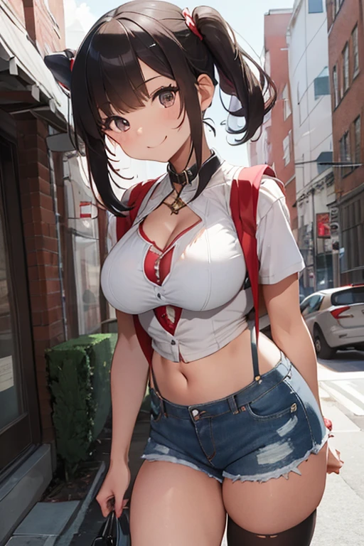 masterpiece、The best、1 female、denim vest、Denim shorts、Red shirt， Bun bun、black hair、Shoulder leakage、big breasts、chubby、Smile、White suspenders、lace leggingackpack，On campus，pose，Street culture