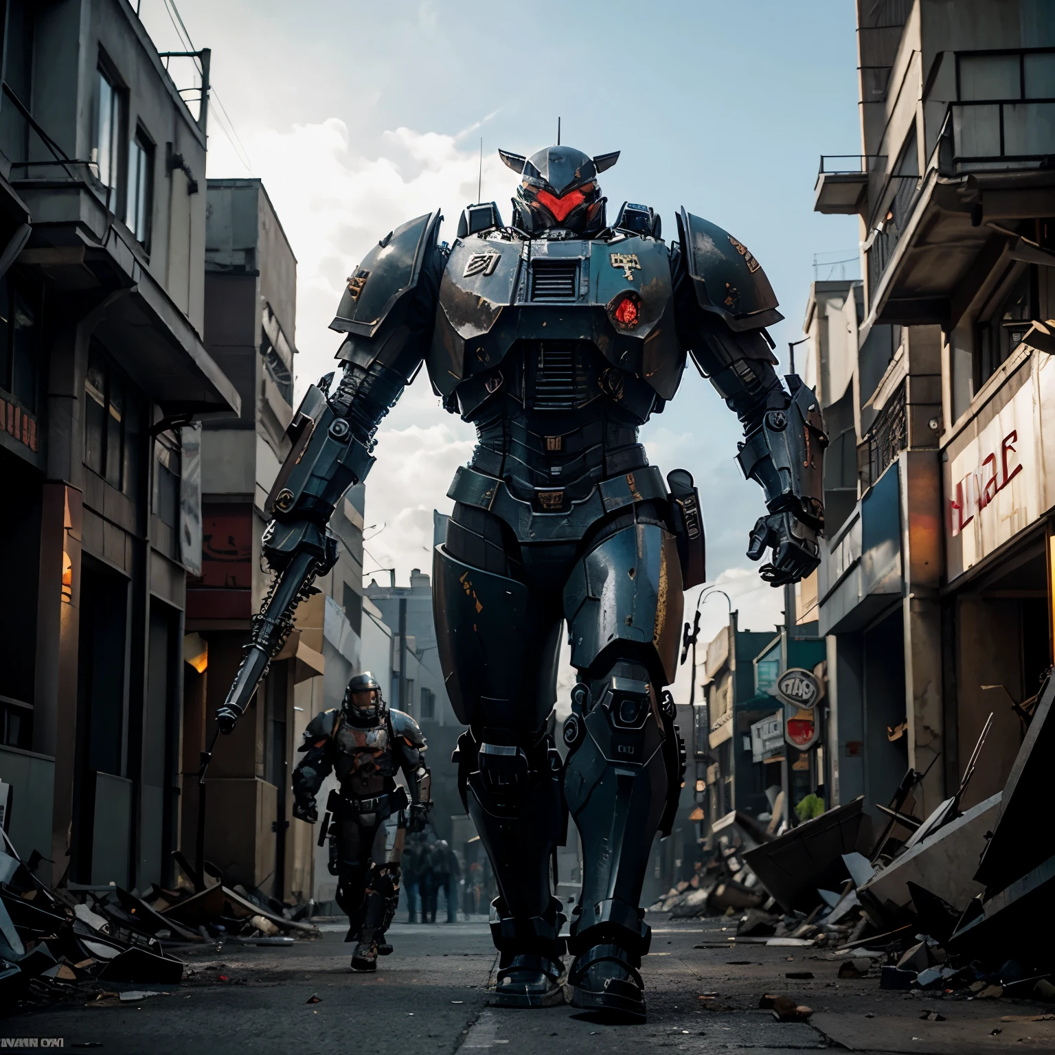 mech, pacific rim the movie style, Warhammer 40k, doom slayer armour, equipped with a electric sword, walking in the middle of a destroyed city, fighting a giant kaiju
