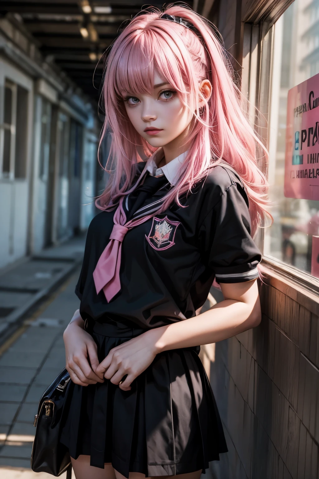 (1Girl, Russian, Beautiful, badass, mad, 18yo, ((Messy pink hair with a fringe)), (pink perfects eyes), ((wearing ((black)) school uniform))), ((In a school corridor)),