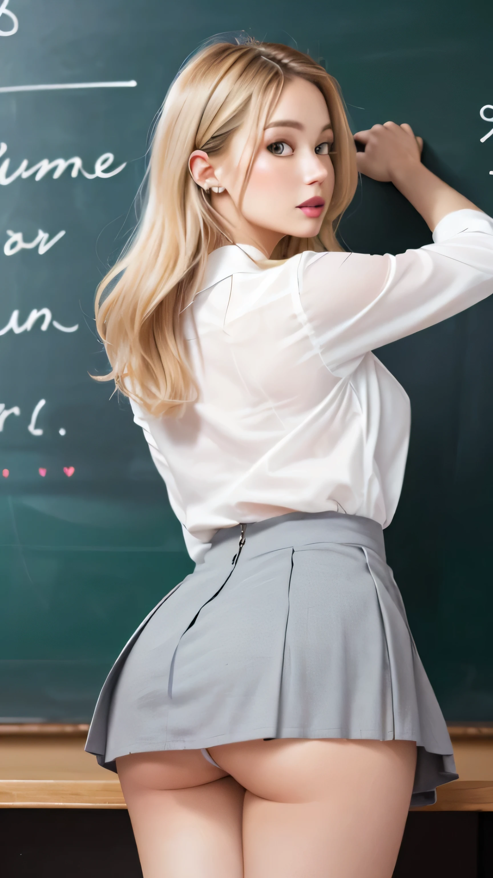 1 female teacher、35 years old、(european:1.5)、blonde、(beautiful face:1.3)、detailed face、(Write on the chalkboard)、(Turn around and look at me:1.1)、(The hem of the miniskirt is rolled up:1.2)、(gray mini skirt)、(I can see my pants:1.2)、(white panties)、(Dress like a teacher)、(At SFW)