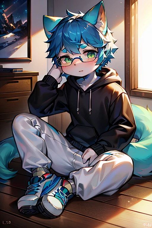 (best quality,4k,8k,high resolution,masterpiece:1.2),Ultra-detailed,(lifelike,lifelike,lifelike:1.37),blue short hair,fluffy,cute,illustration,Shota,digital painting,studio lighting,bright colors,Surreal,pastel color palette,soft light,hairy,Cat,Cat耳朵,Cat尾巴,green eyeale,long tail,personification,hairy艺术风格,blue fur,black hoodie,White trousers,sports shoes,Synth waves,green fingertips,There are God's eyes,Glasses)
